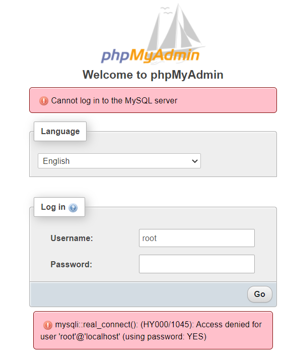 1045 access denied for user root. PHPMYADMIN. Mysqli::real_connect(): (hy000/1045): access denied for user 'root'@'localhost' (using password: Yes). Mysqli::real_connect(): (hy000/1045): access denied for user 'root'@'localhost' (using password: no). Access denied for user 'Dak'@'localhost' (using password: Yes).