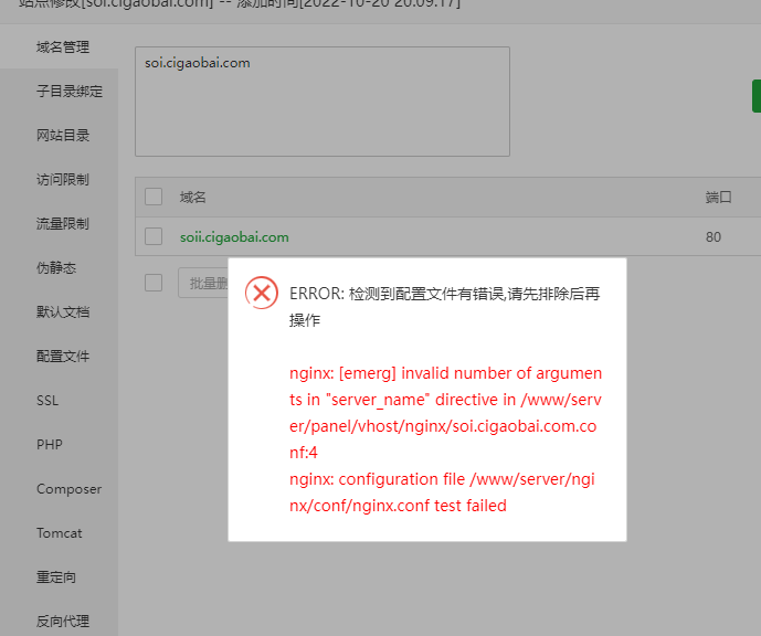 添加网站域名报错